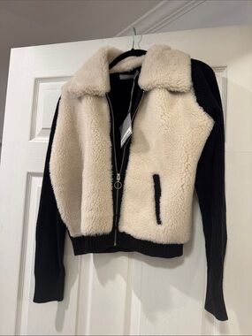 Hannah Rose Two-Tone Sherpa Zip Jacket - Black & Cream